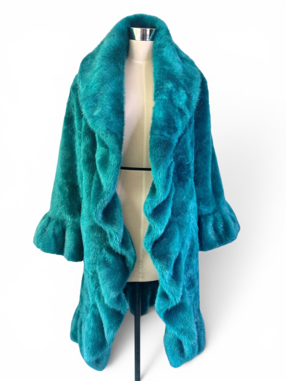 Terry Lewis Faux Fur Turquoise Teal Ruffle Statement Coat – Size XS
